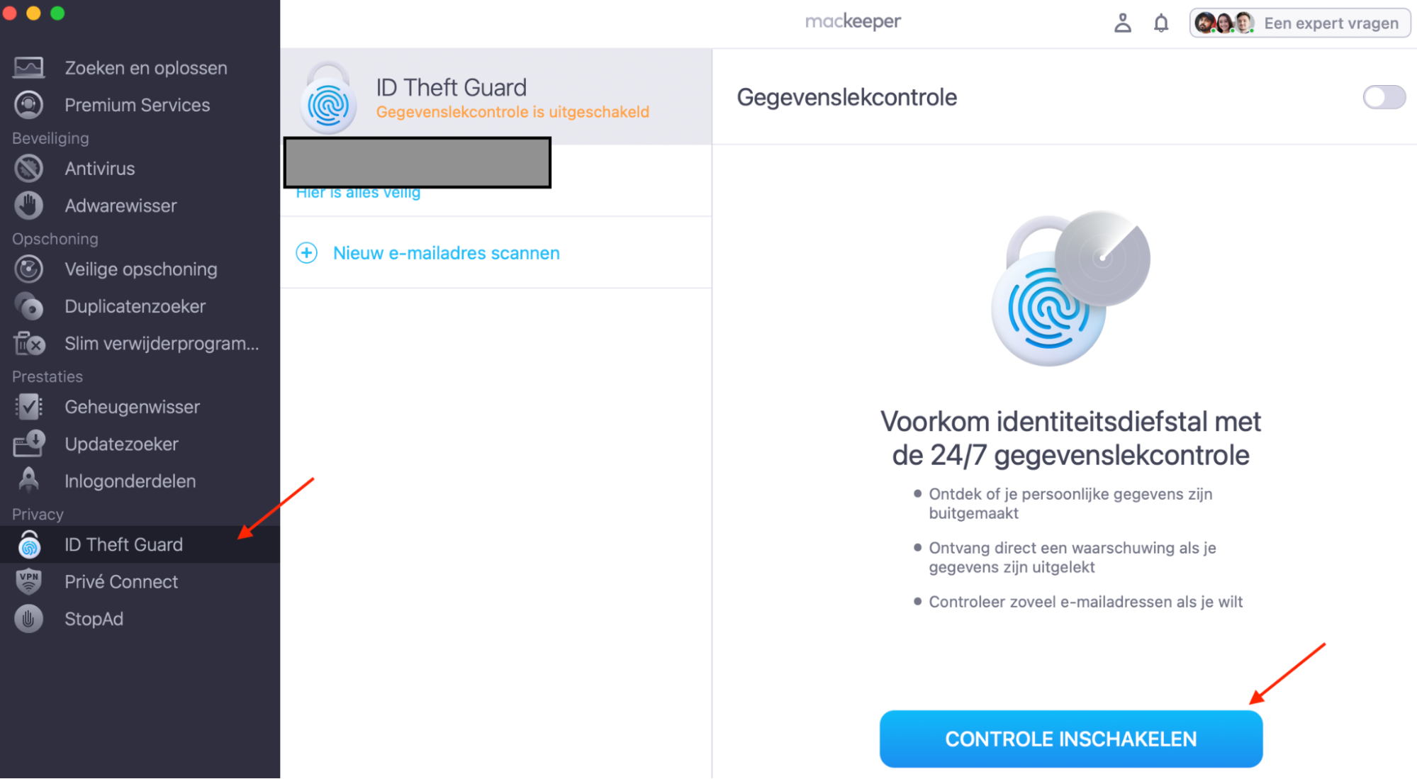MacKeeper op de Mac toont ID Theft Guard. Om te controleren of je e-mail is gelekt, klik je op de knop Controle Inschakelen  om te beginnen.
