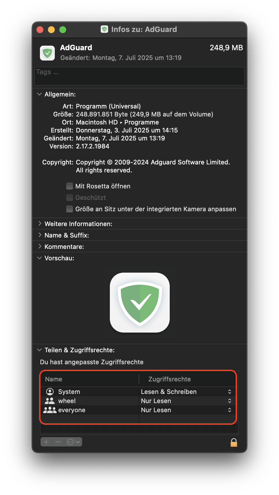 Öffnen Sie die Optionen für Freigabe und Zugriffsrechte für eine App, um den Fehler „Sie haben keine Zugriffsrechte zum Öffnen der Anwendung“ auf einem Mac zu beheben. In der Abbildung wird die Adguard-App als Beispiel verwendet.