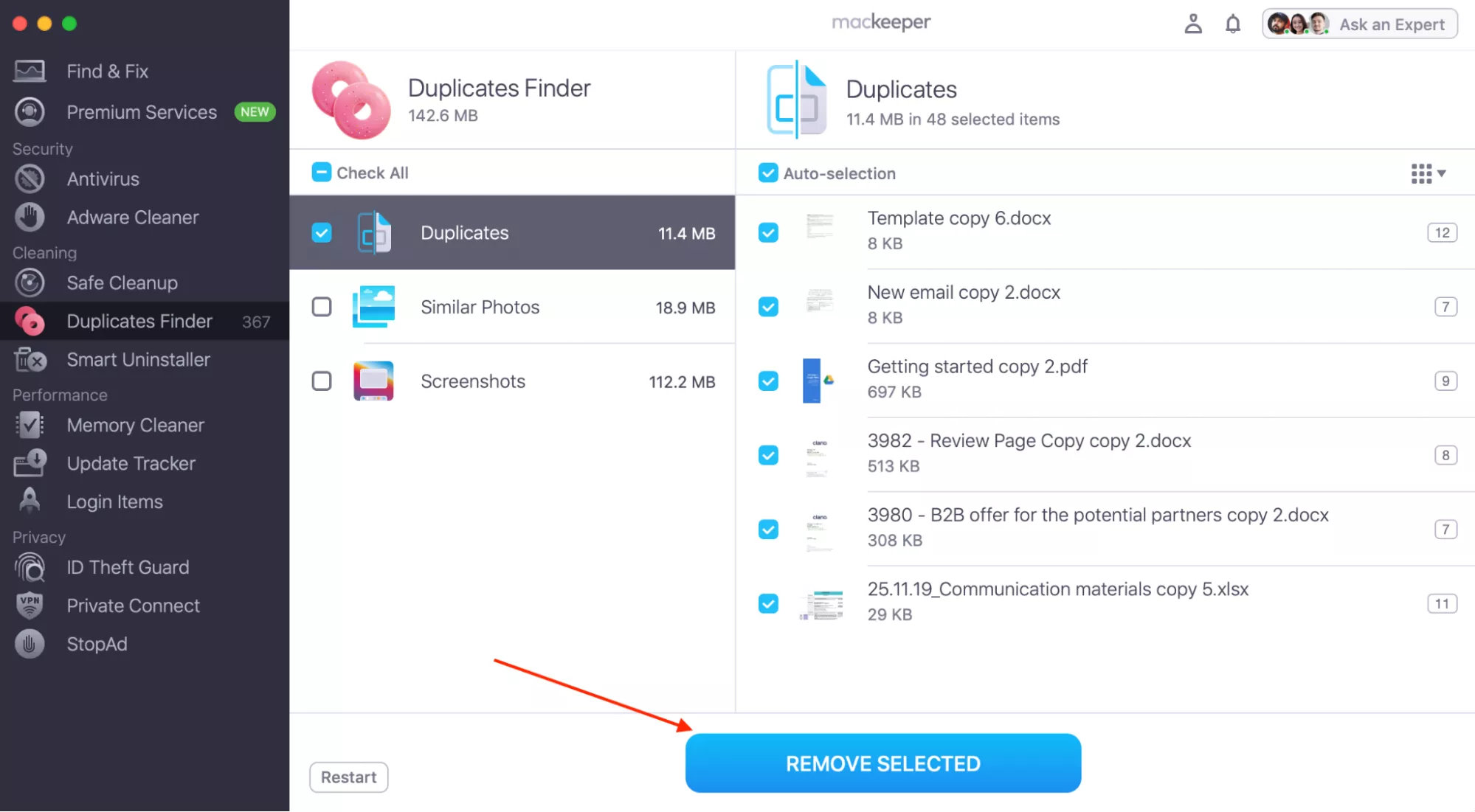 When MacKeeper's Duplicates Finder tool has finished scanning your drive, you'll see a list of all the duplicated files on your Mac. Select what to delete, then click 'Remove Selected'.