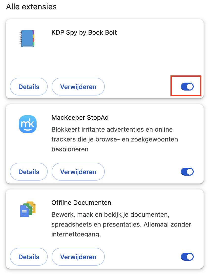 Schakel op de pagina Extensies beheren van Chrome de schakelaar naast onnodige of buitensporige extensies uit om ze uit te schakelen en geheugen vrij te maken.