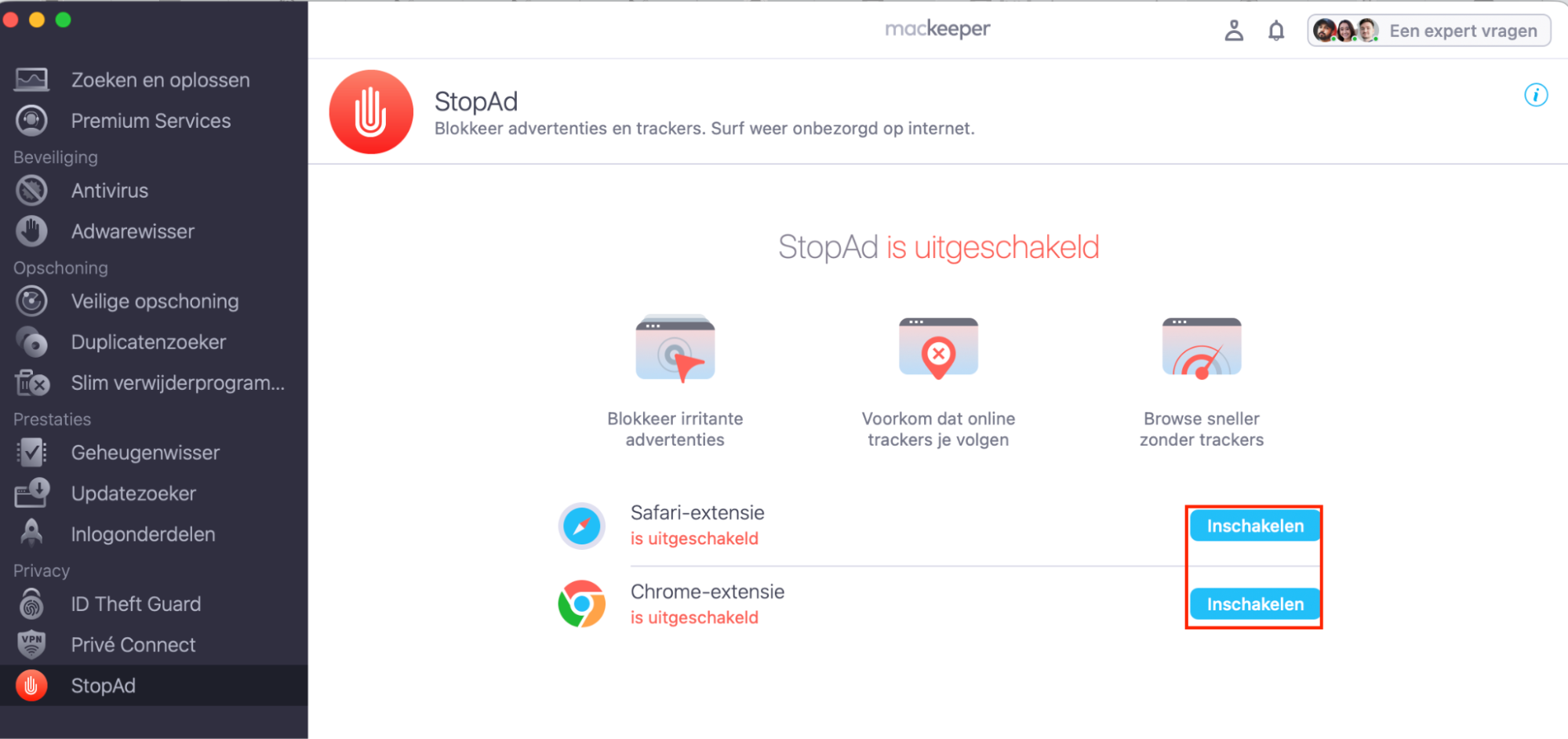 StopAd van MacKeeper met ‘Installeren’ en ‘Inschakelen’ gemarkeerd naast Chrome en Safari. Dit maakt deel uit van een handleiding over hoe je een adblocker gebruikt om valse McAfee pop-ups op een Mac te stoppen.
