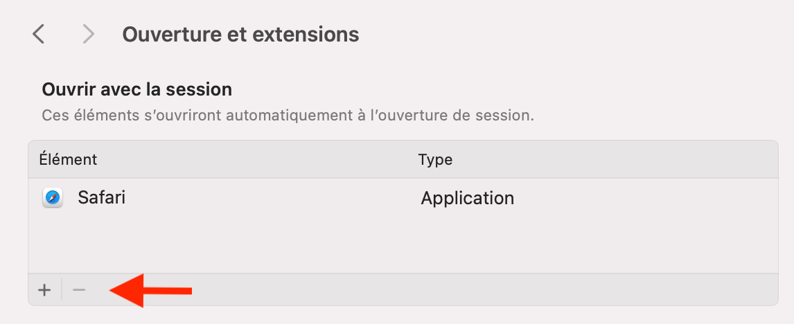 Les éléments d’ouverture peuvent vous aider à savoir quelle application enregistre votre écran après l’allumage de votre Mac. Si vous voulez empêcher une application de s’ouvrir au démarrage, sélectionnez-la et cliquez sur le signe moins (-).