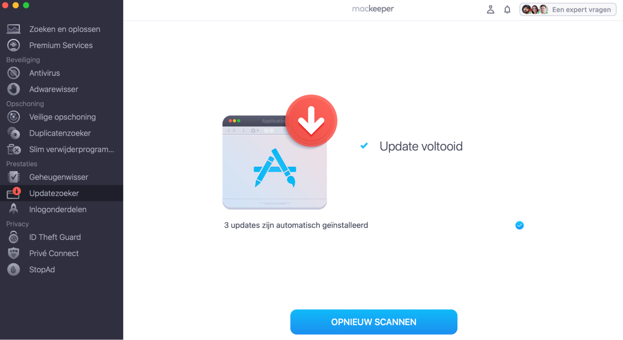 Update voltooid. Klik op opnieuw scannen om te controleren op nieuwe updates.