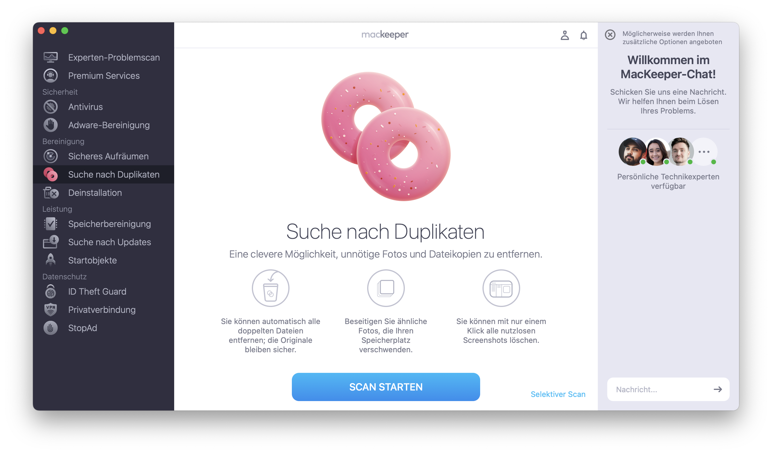 Verwenden Sie MacKeeper, um doppelte Dateien zu löschen. Starten Sie die App, wählen Sie links Suche nach Duplikaten und anschließend unten in der Mitte des Bildschirms Scan starten.