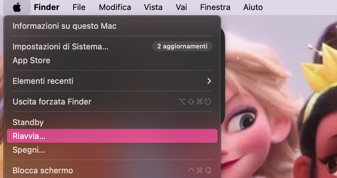 Nella parte in alto a sinistra dello schermo, seleziona il logo Apple per riavviare il tuo Mac. Conferma il riavvio.
