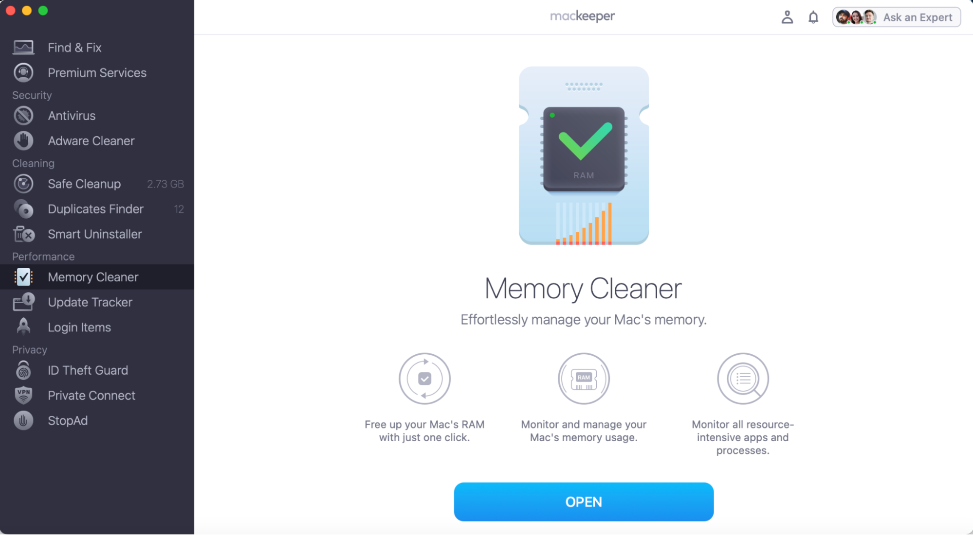 To free up RAM, we recommend deleting unnecessary background processes that could be behind your slowdowns, thus triggering AMPDevicesAgent. Begin by opening MacKeeper’s app, clicking on Memory Cleaner, and pressing the Open button.