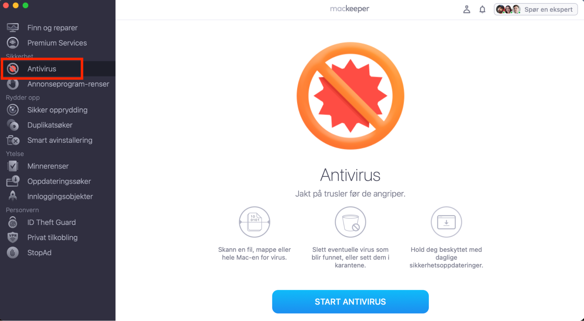 Hvis du mistenker at du har skadelig programvare på Macen din, åpner du MacKeeper og velger deretter Antivirus-verktøyet fra sidemenyen.