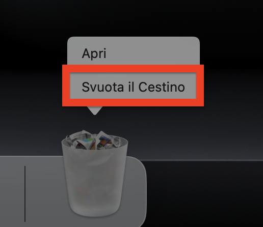 Il menu contestuale dell'icona Cestino nel dock del Mac. Una volta che si sa come verificare la presenza di malware su Mac, è possibile eliminare i file corrispondenti e svuotare il Cestino per rimuoverli.