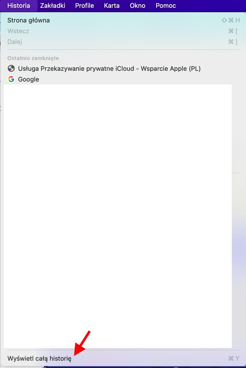 Google Chrome na Macu pokazuje menu Historia. Kliknij Pokaż całą historię, aby wyczyścić pamięć podręczną Google Chrome.