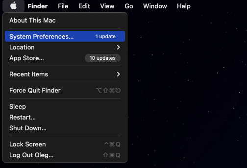 Apple menu open on a macOS Monterey MacBook with System Preferences highlighted to reach the Battery schedule and set an automatic shutdown.