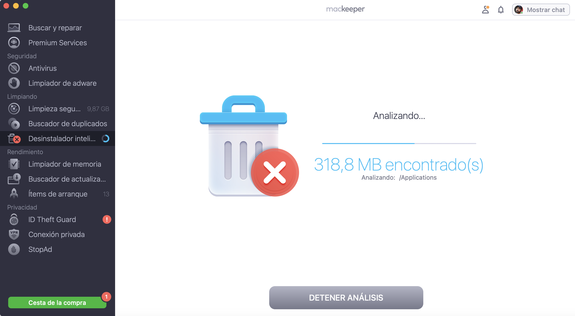 El desinstalador inteligente de MacKeeper está escaneando tu Mac. Espera a que finalice el análisis.