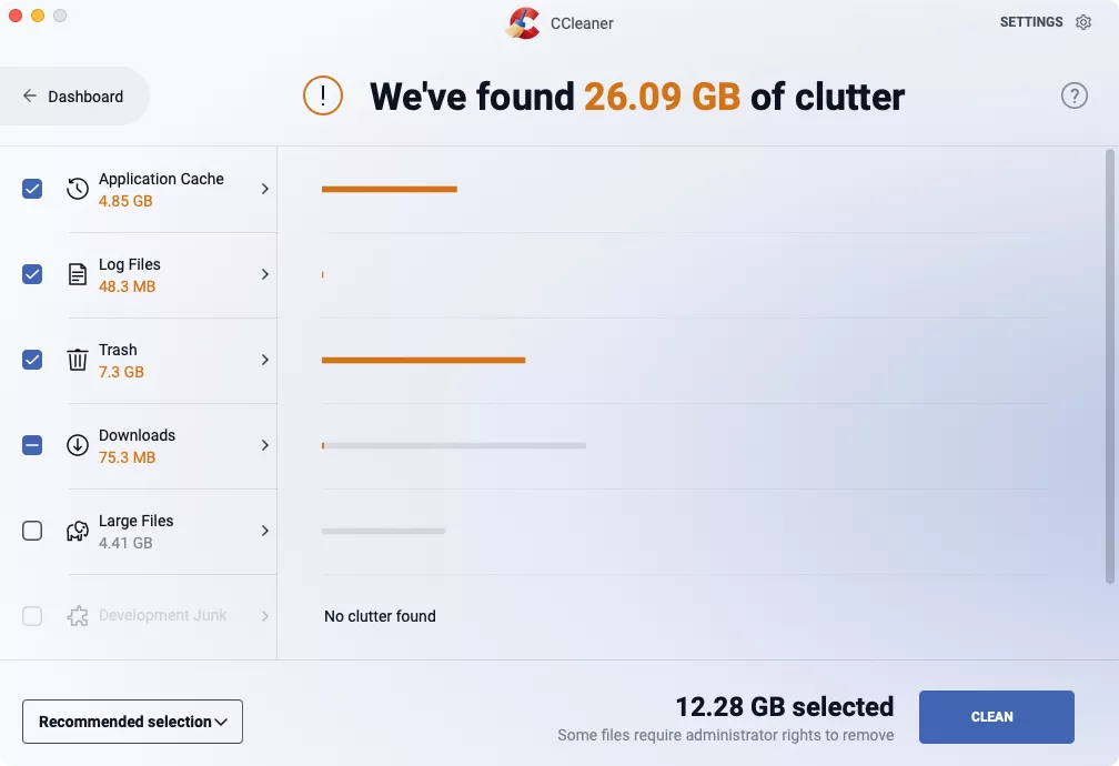 Open CCleaner on your Mac and select Clean Clutter from the main window to start checking your drive for caches, logs, and other junk files.