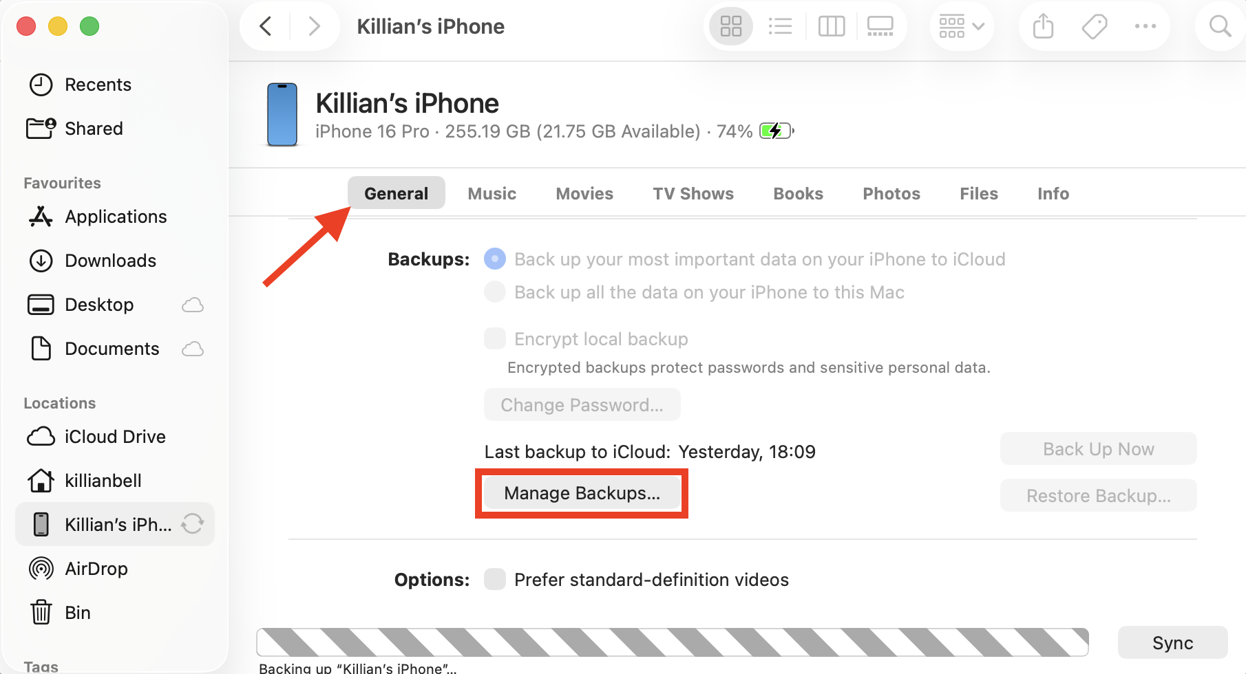 The Manage Backups option that appears  in Finder after plugging an iPhone into a Mac. Delete backup files from here when you find iOS files are taking up too much space on your Mac.