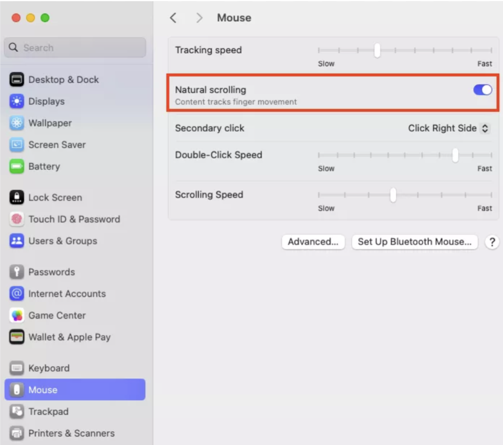 In System Settings, go to the Mouse tab. From there you can review your clicker settings and allow Natuarl Scrolling and check your Advanced Settings if needed to enable left click.