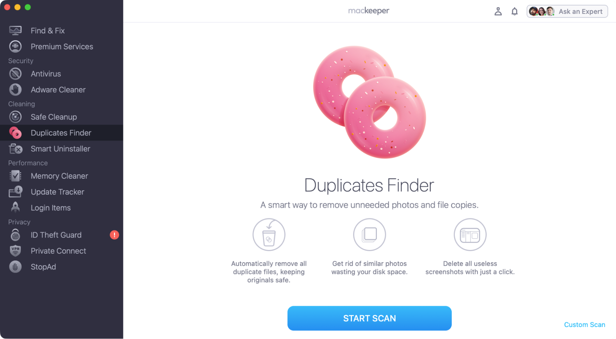 MacKeeper's Duplicates Finder tool will help you to quickly find and delete unneeded copies of files. It can show you photos that are so similar, you may want to remove some of them.