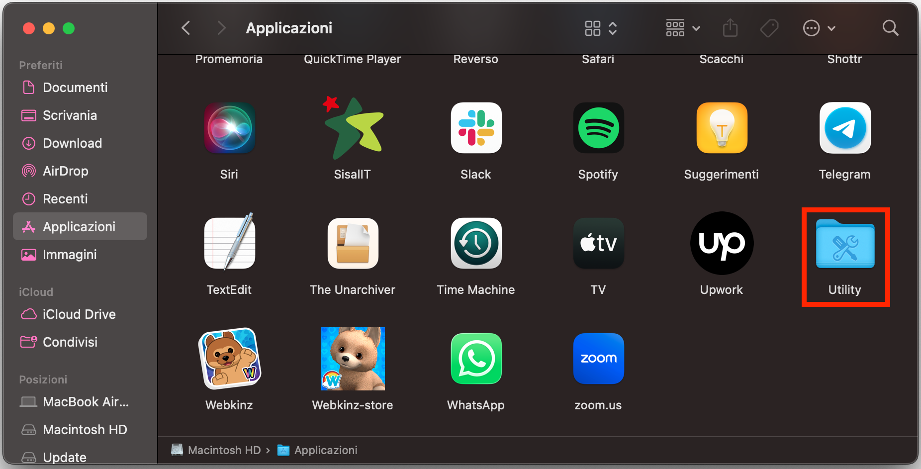 La cartella Utility in Finder su Mac. Per forzare lo svuotamento del cestino del Mac quando il cestino è bloccato e non elimina i file, prima apri Utility, poi avvia Utility Disco per eseguire Pronto soccorso sul disco del Mac.