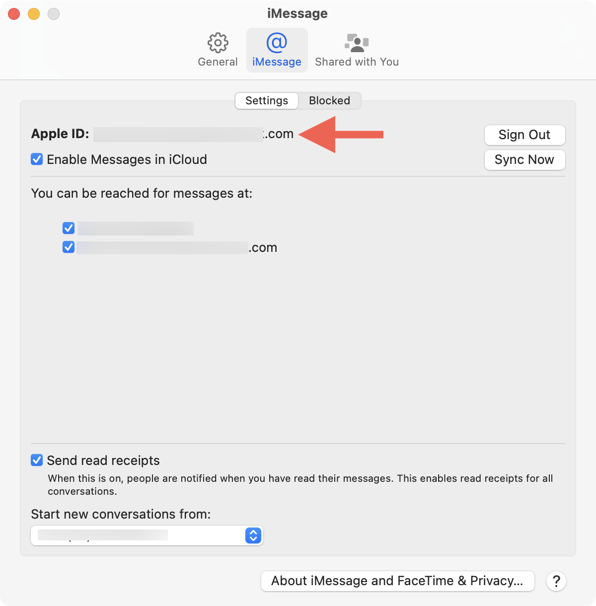 how to check the Apple ID for your iMessage account via the Messages preferences if your iMessage is not syncing on Mac.