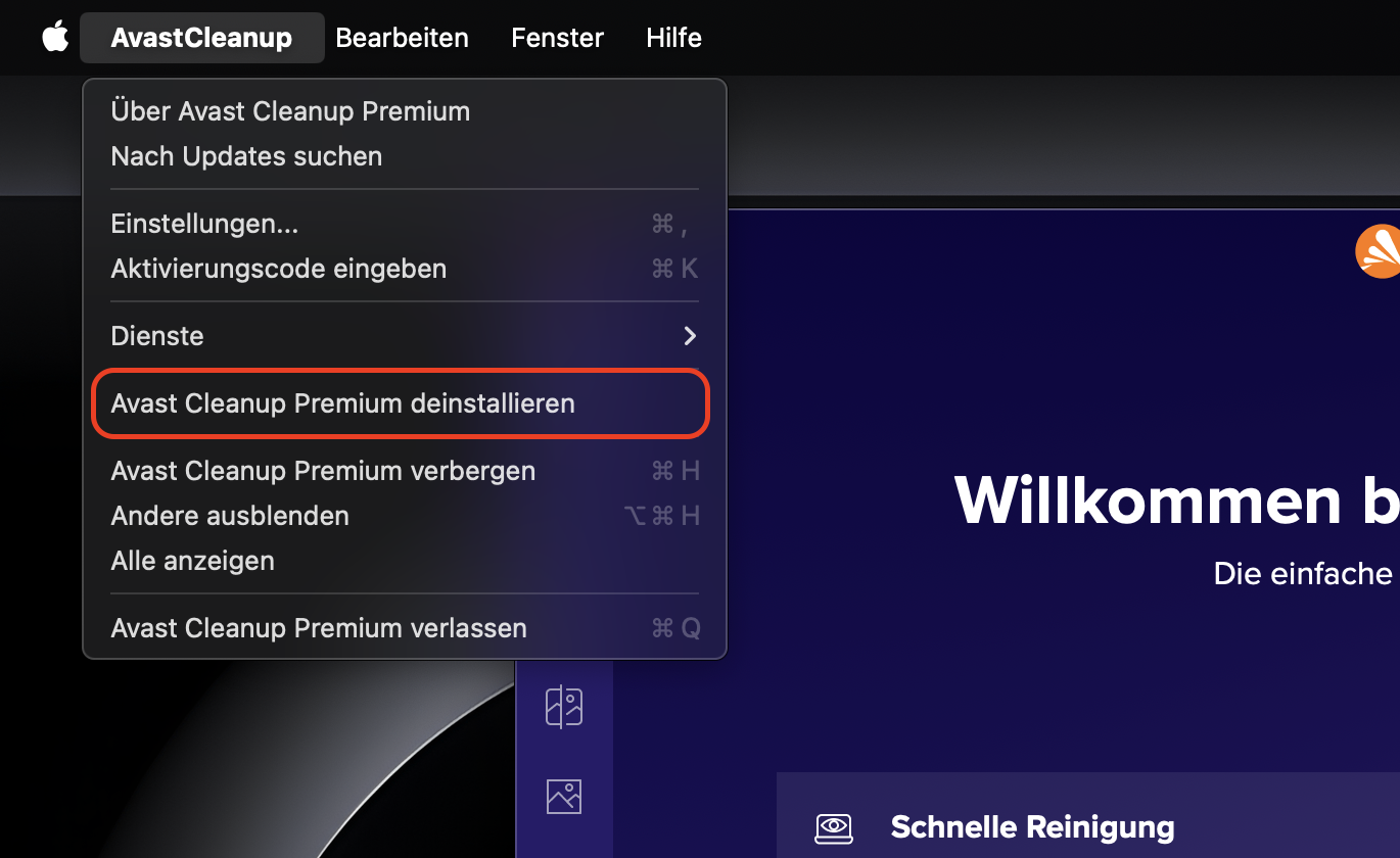 Avast Cleanup auf dem Mac zeigt die Optionen der Menüleiste an. Klicken Sie auf Avast Cleanup Premium deinstallieren, um das Deinstallationsprogramm zu öffnen. Avast Cleanup auf dem Mac zeigt die Optionen der Menüleiste an. Klicken Sie auf Avast Cleanup Premium deinstallieren, um das Deinstallationsprogramm zu öffnen.