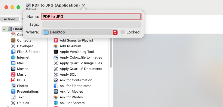 Click the name area at the top of the Automator. You can now give your converter a name, and choose where you want to save it to.