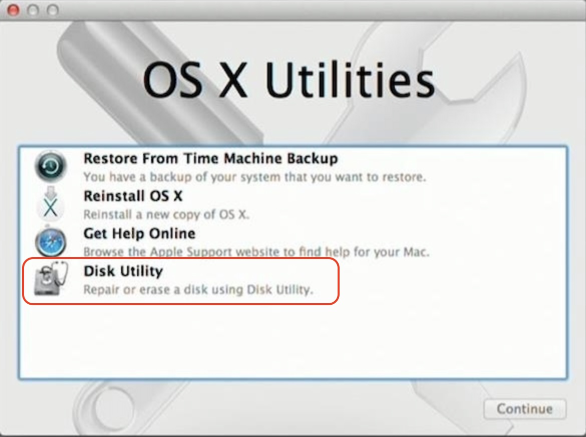 Disk Utility in the list of Recover mode options on Mac. Select this and then click Continue to reset OS X El Capitan and install a fresh copy.