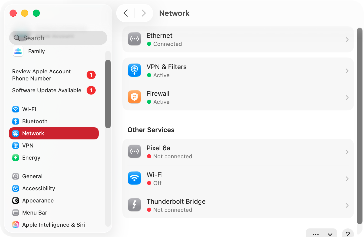 Discord can't update if it can't access the internet, so make sure your Mac's internet connection is actually working. Go to System Settings > Network, and check that your Ethernet and/or Wi-Fi has a green dot.