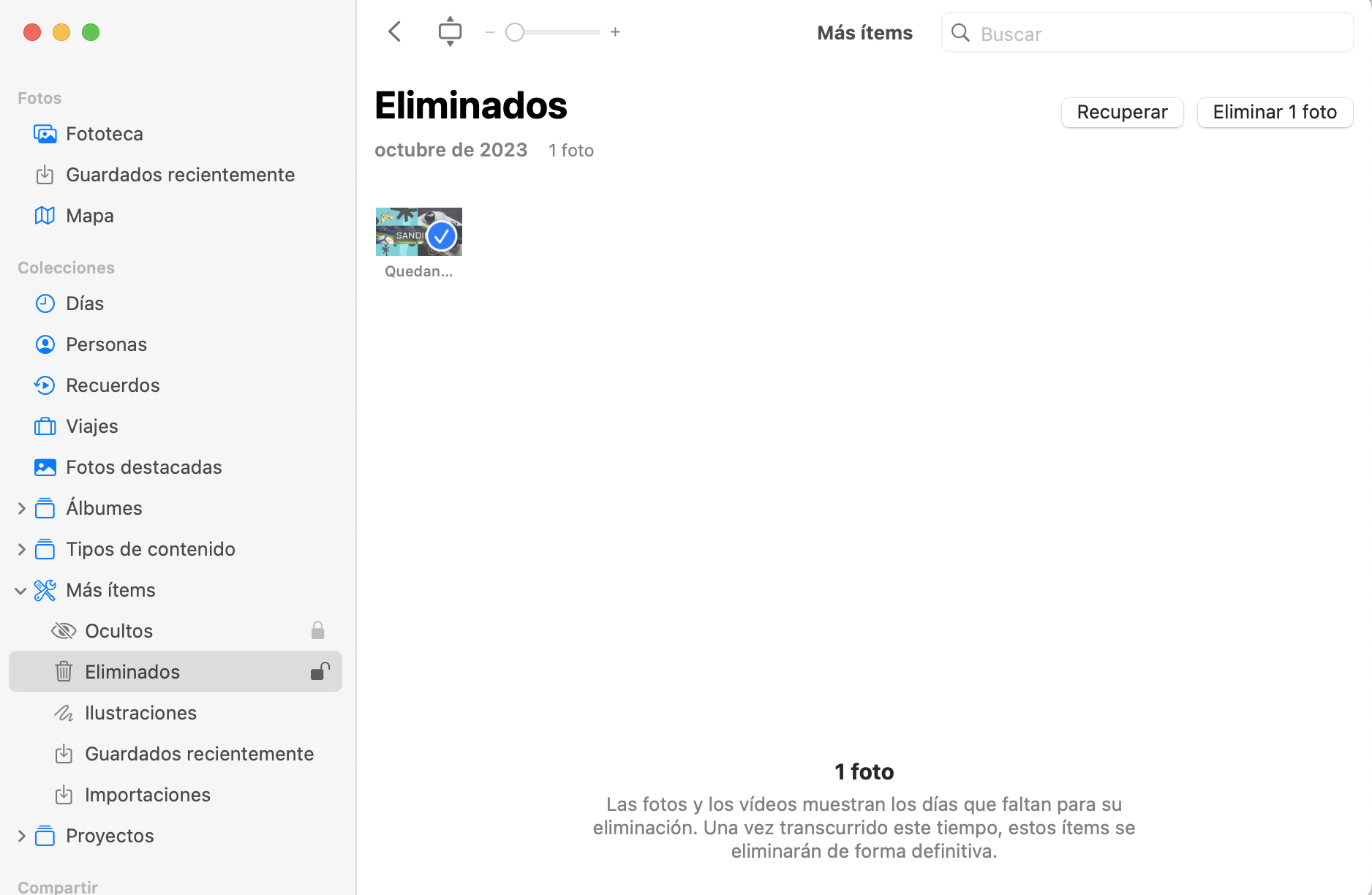 Para restaurar una foto eliminada, haz clic en ella una vez y, a continuación, en Recuperar.