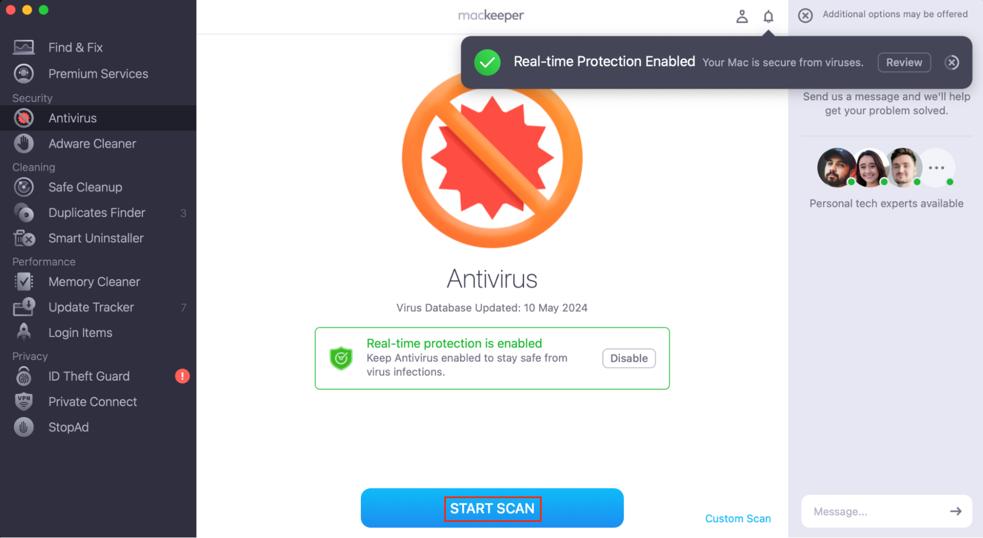 MacKeeper on a Mac, open at the Antivirus screen. The Start Scan button is highlighted. MacKeeper, an alternative to all types of Norton antivirus.