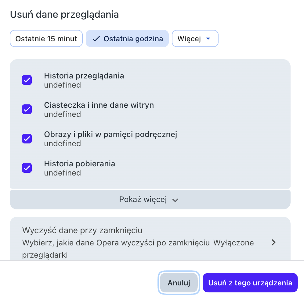 Menu do czyszczenia pamięci podręcznej w Operze na Macu pokazuje opcje Historia przeglądania, pliki cookie i inne dane witryn, albo Zapisane w pamięci podręcznej obrazy i pliki. Zaznaczony jest przycisk Wyczyść dane.