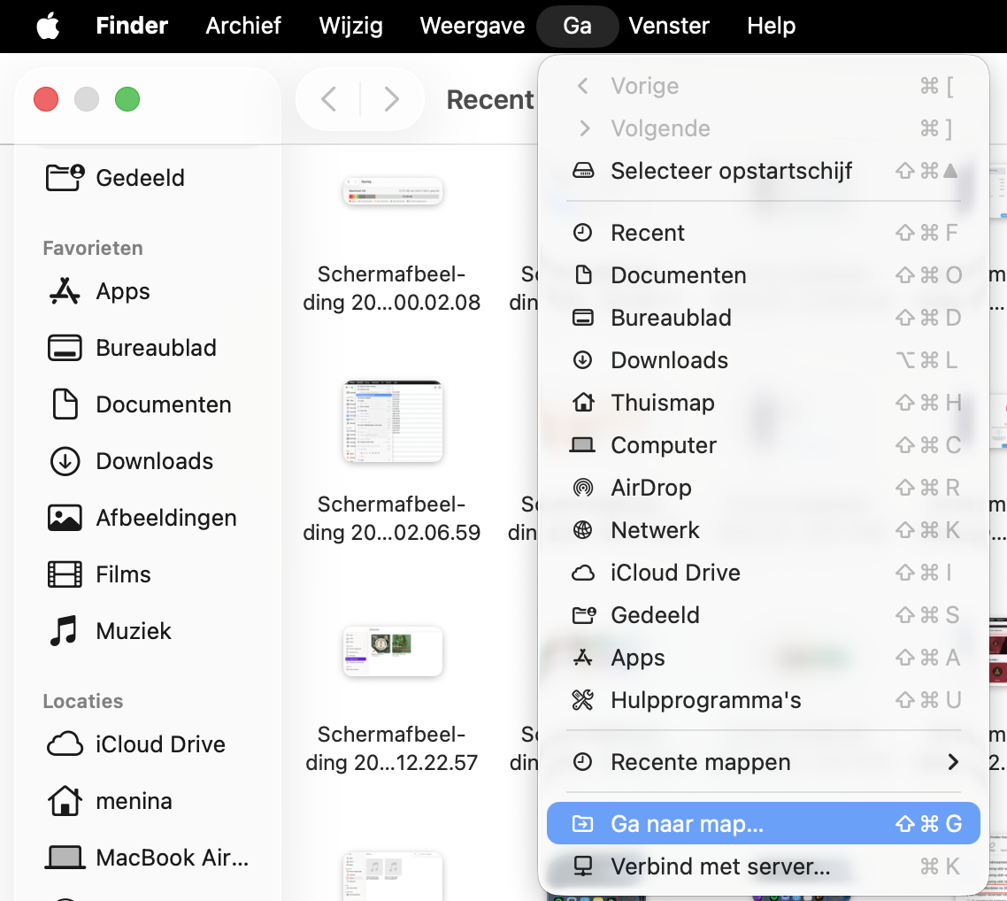 Om bestanden te vinden die als ‘Overige opslag’ worden weergegeven in macOS Ventura en nieuwer, open je eerst de Finder en kies je in de menubalk Ga > Ga naar map.