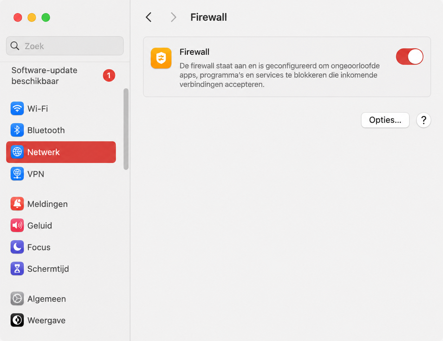 In het gedeelte 'Netwerk' van de Systeeminstellingen van uw Mac ziet u een optie om de firewall in en uit te schakelen. Klik op de schakelaar om het uit te schakelen.