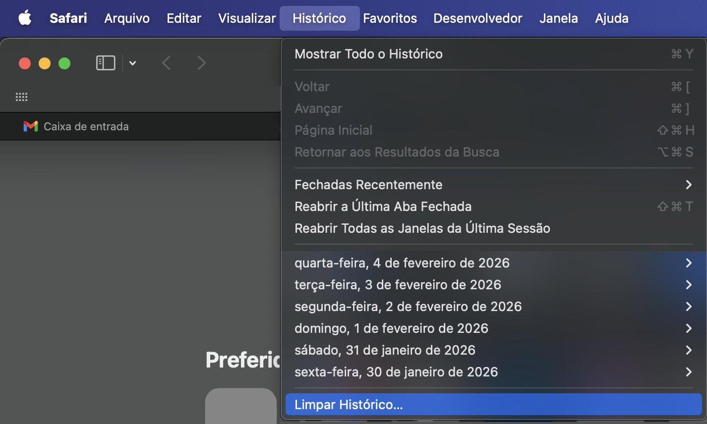 O menu Histórico no Safari. Clique em Limpar Histórico para remover todo o histórico e dados de sites do Safari.