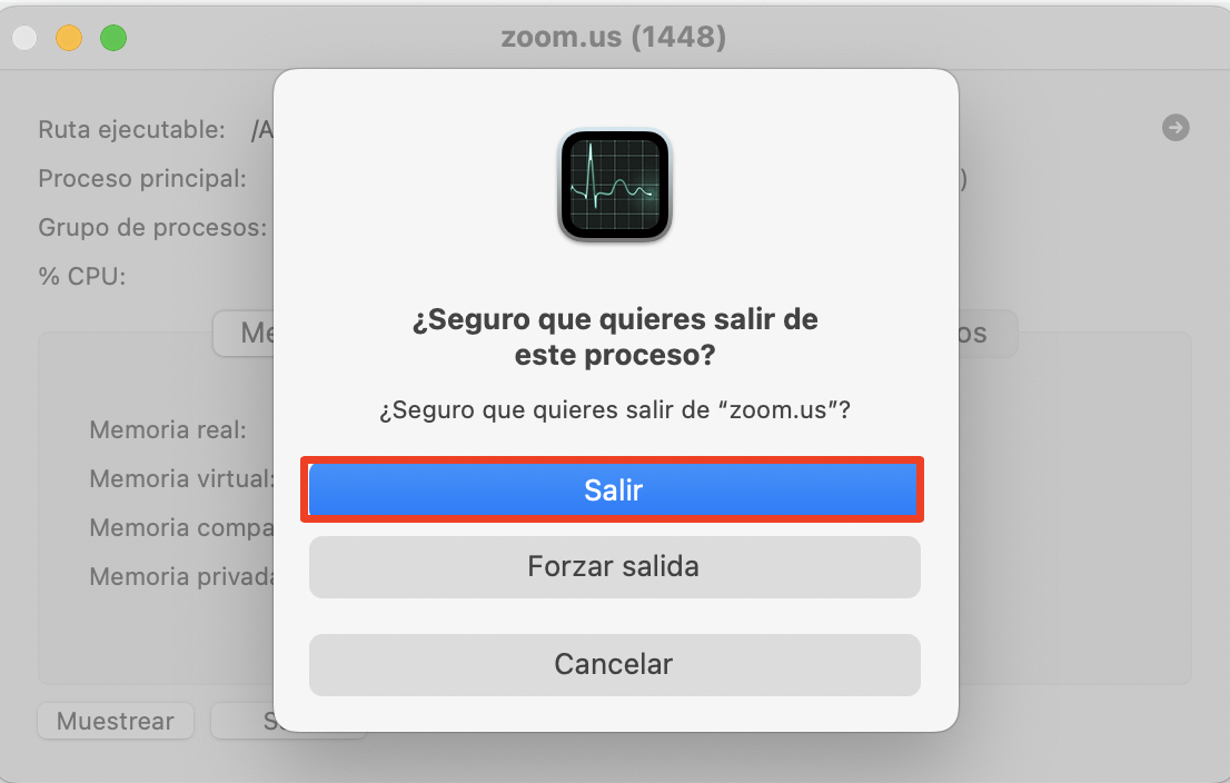 Cierra la aplicación pulsando Salir o Forzar salida. Cierra la aplicación pulsando Salir o Forzar salida.