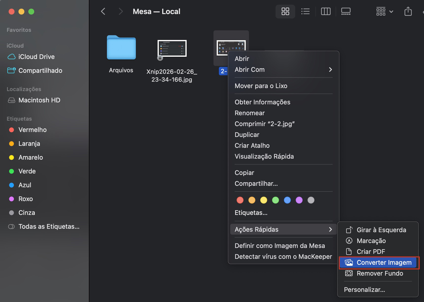 Depois de criar o novo prompt, vá no Finder. Selecione Ações Rápidas e escolha Converter Imagem. Seu arquivo será convertido automaticamente.