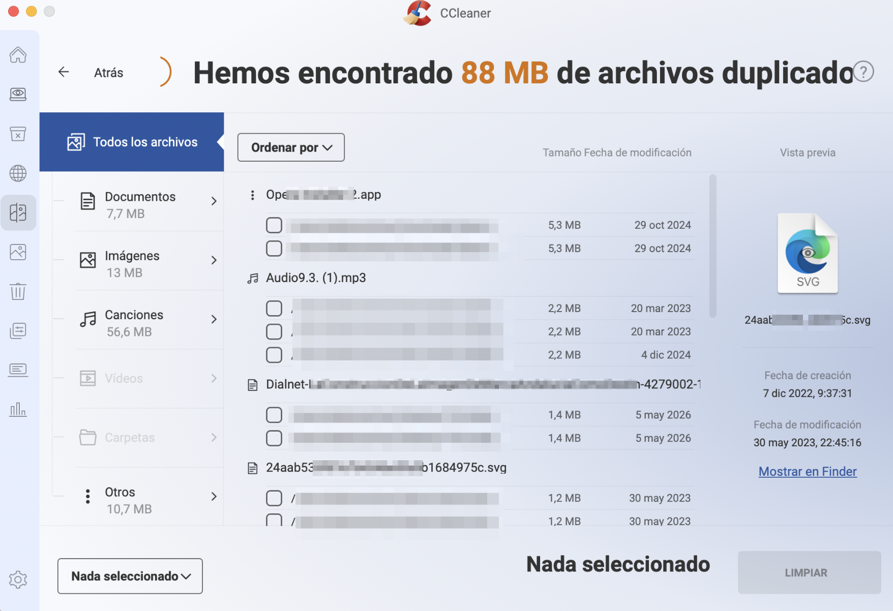 Utiliza CCleaner de Mac para encontrar archivos duplicados. Una vez hecho esto, puedes eliminarlos sin causar demasiados problemas al resto de tu dispositivo. Elimina duplicados de todo tipo.