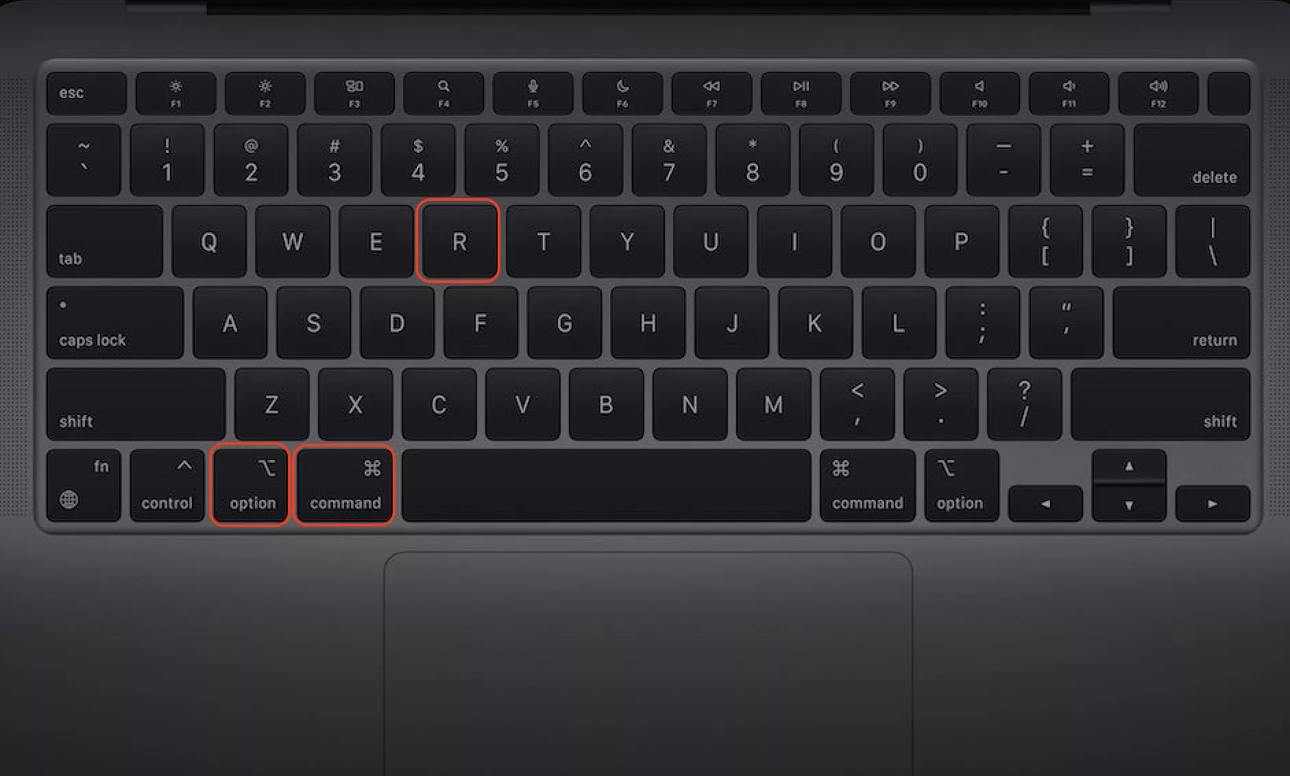 As teclas Option + Command + R estão contornadas em vermelho em um teclado MacBook. Use a combinação para retornar o Mac às configurações de fábrica.