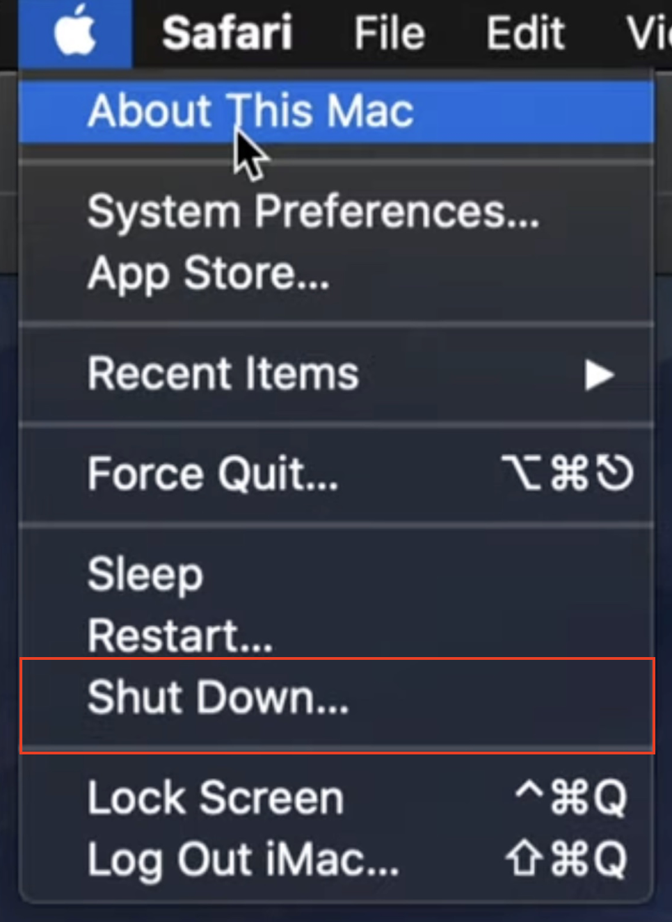 To use macOS Safe Mode on an Intel-based Mac and fix the diskimagesiod high CPU usage error, go to the Apple icon, then select Shut Down from the dropdown menu.