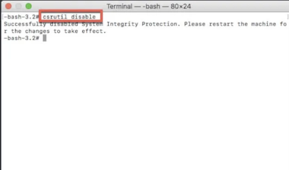 Once in recovery, select Utilities > Terminal from the menu bar to open it. Then type in csrutil disable to disable SIP and hit Enter to disable SIP.