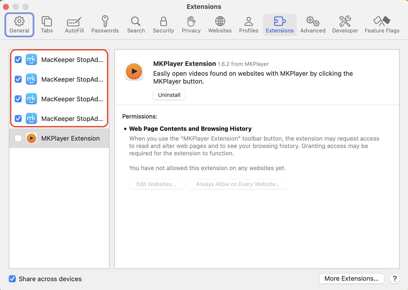 Open your browser settings on Mac, head to the Extensions section, toggle the antivirus extension off, and refresh open tabs to apply the change.