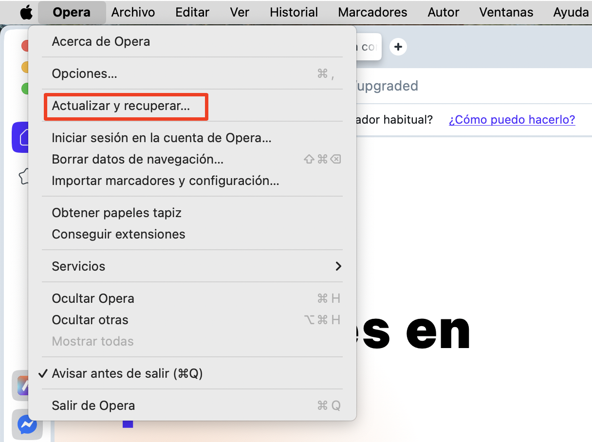 Opera para Mac, con el menú de Opera abierto y Actualización y recuperación resaltado. Cómo restablecer Opera, como parte de una guía sobre cómo eliminar las ventanas emergentes falsas de McAfee en Mac.