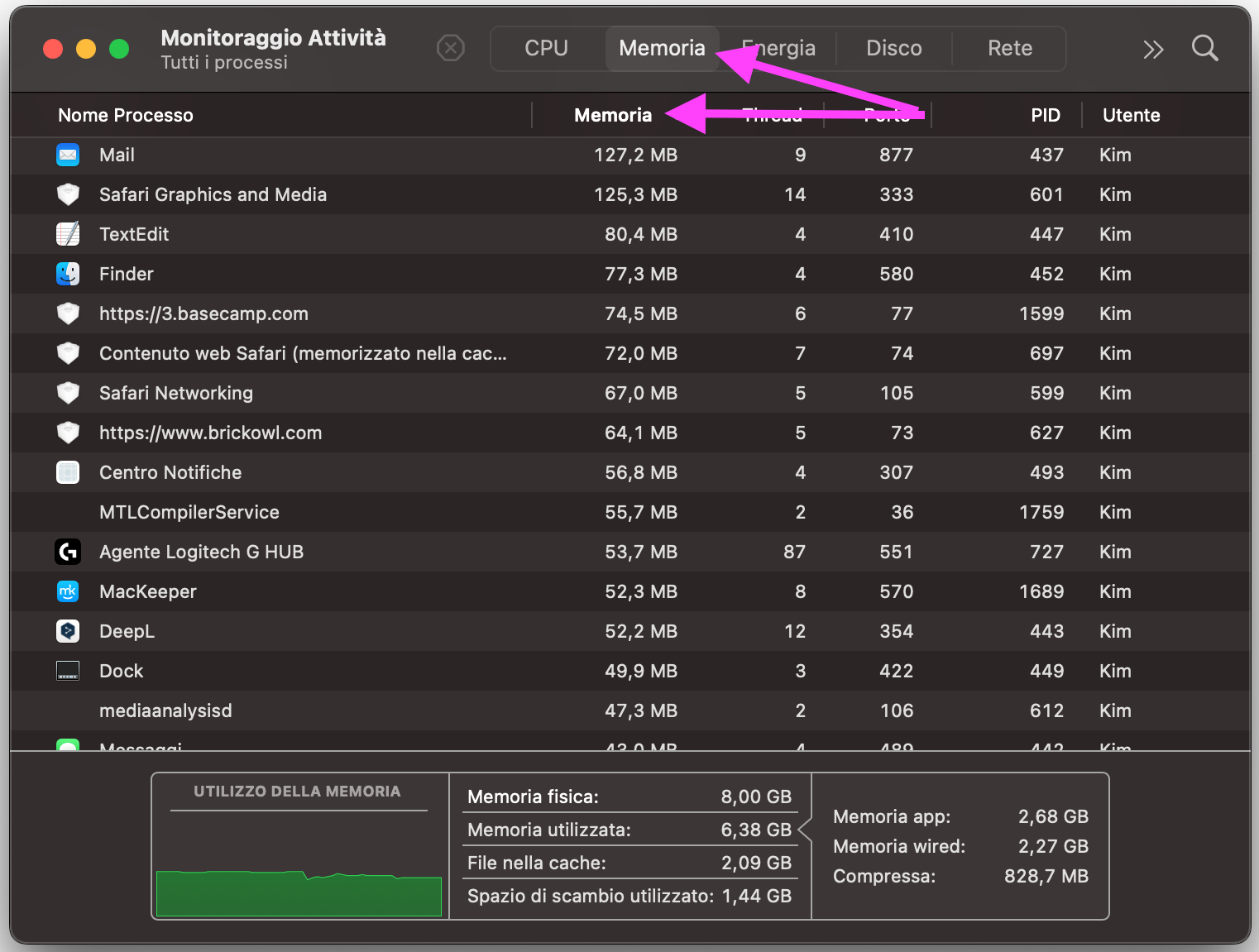 Monitoraggio Attività su Mac mostra l’elenco di tutti i processi in esecuzione. Clicca su Memoria e poi sulla colonna Memoria per ordinarli in base all’utilizzo della RAM.