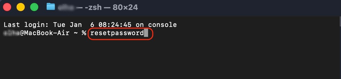 A Terminal window is opened in macOS Utilities. Enter the Terminal command resetpassword and press Return to reset admin password on a Mac.