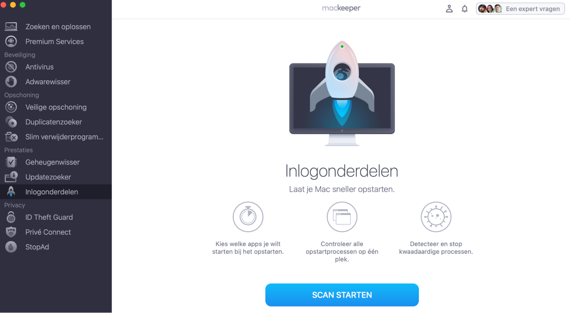 Om de lijst met inlogonderdelen op je Mac te controleren op mogelijke keyloggers of malware, kun je de functie ‘Inlogonderdelen’ van MacKeeper gebruiken via de handige Mac-app. Open de app, kies ‘Inlogonderdelen’ in het linkermenu en klik op ‘Scan starten’.
