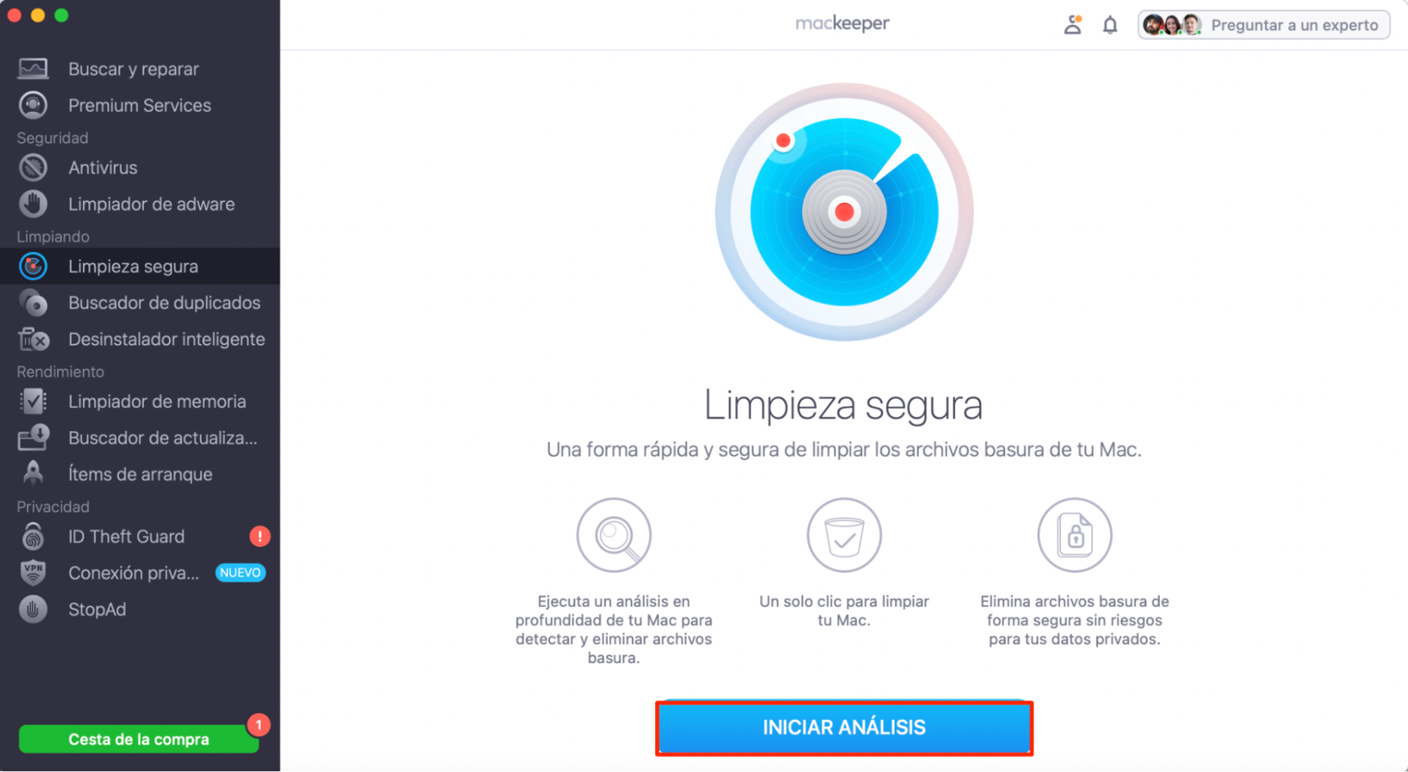 Es probable que 256 GB sean suficientes para el MacBook si limpias los archivos basura. Para ello, en la Limpieza segura de MacKeeper, haz clic en Iniciar análisis.
