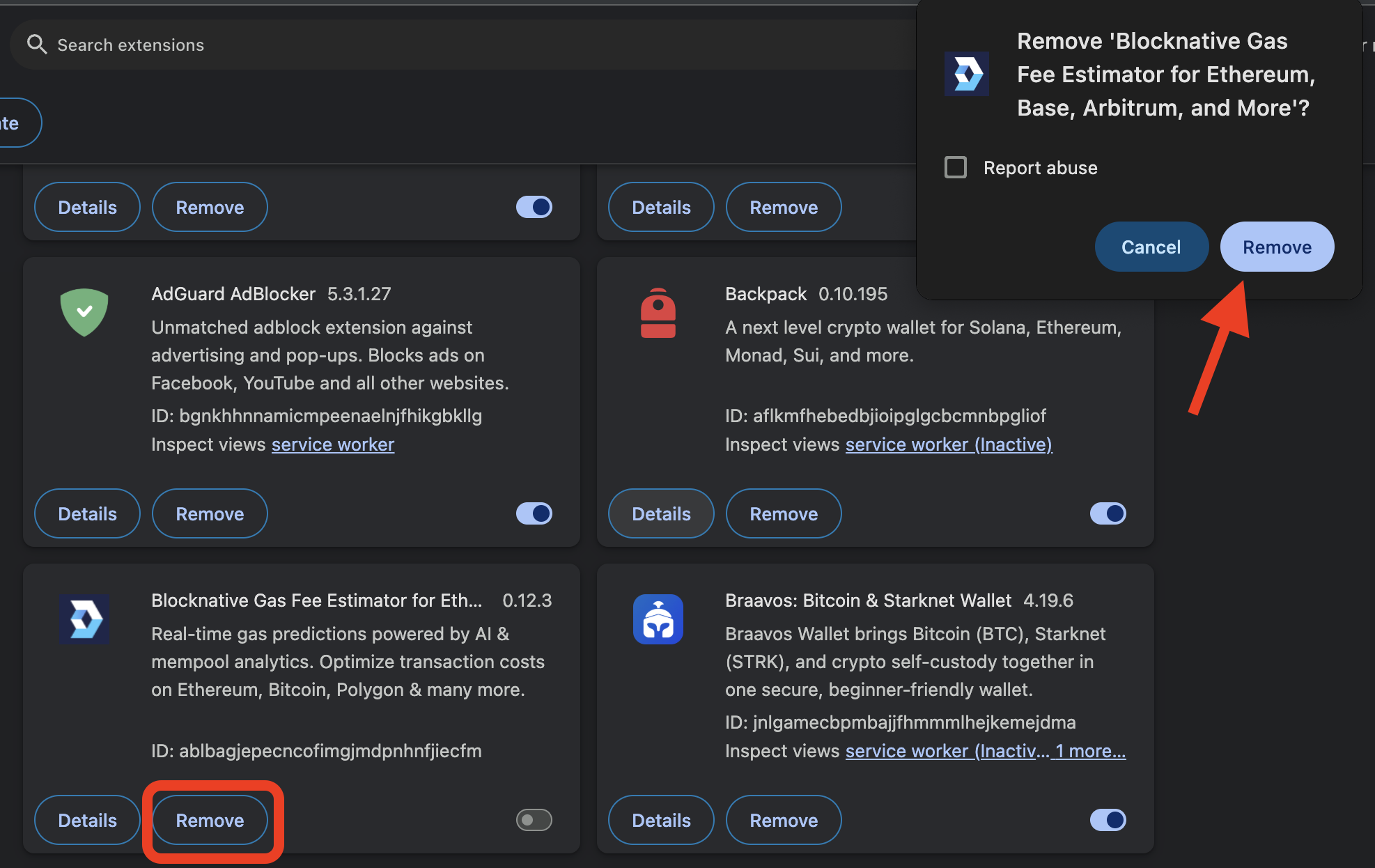Chrome extensions page on macOS showing the Remove confirmation dialog with the Remove button highlighted to delete an extension on a MacBook.