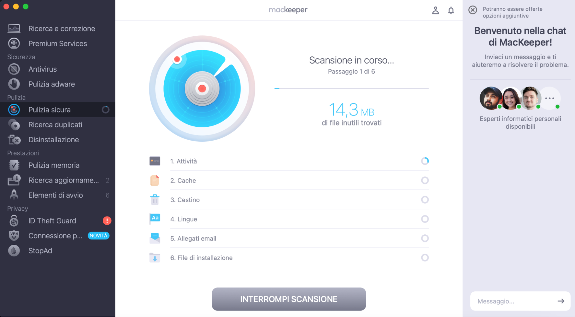 Apri la funzionalità Pulizia sicura in MacKeeper per avviare la scansione e rilevare i file della cache.