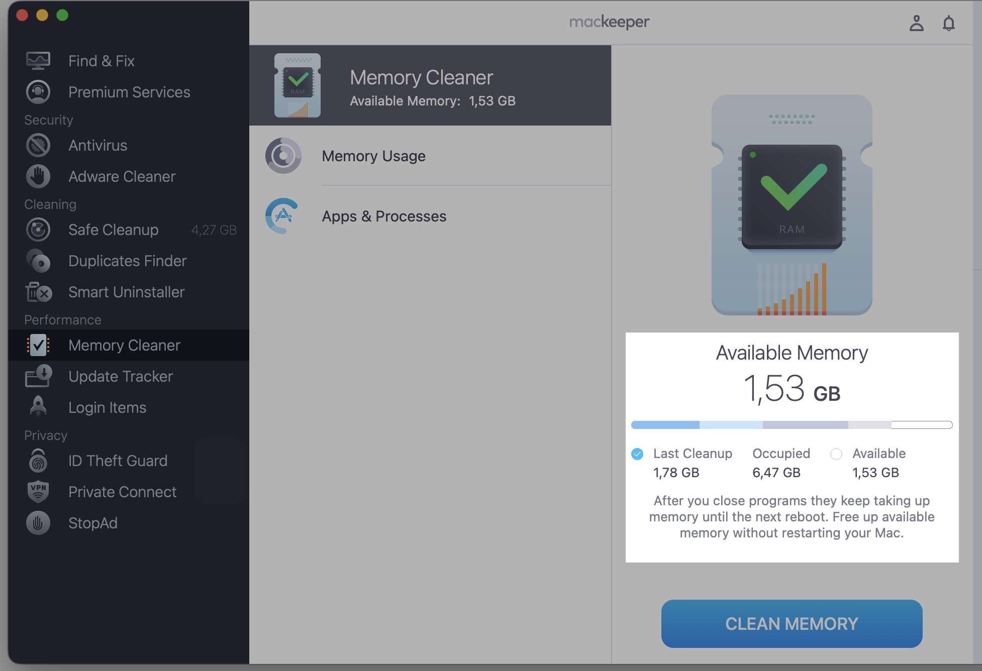 MacKeeper's Memory Cleaner results screen on an Apple computer showing 1.53 GB freed after clicking Clean Memory to reduce sentineld high CPU.
