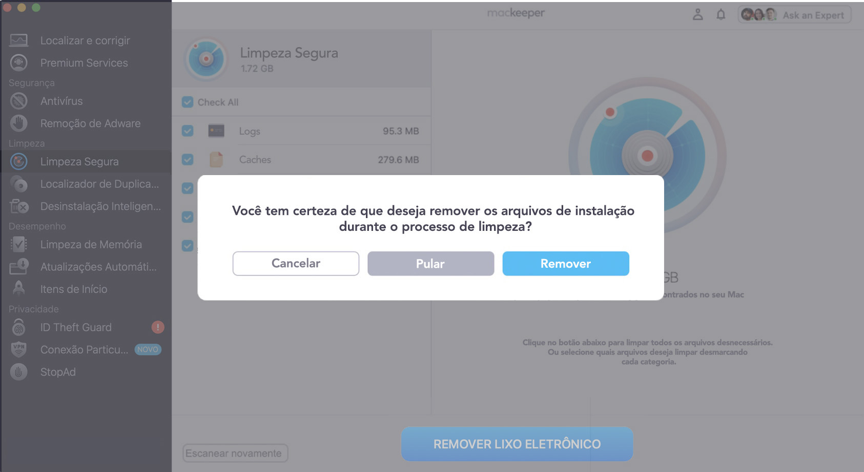 Clique em Remover se desejar esvaziar o Lixo ou Pular caso contrário.
