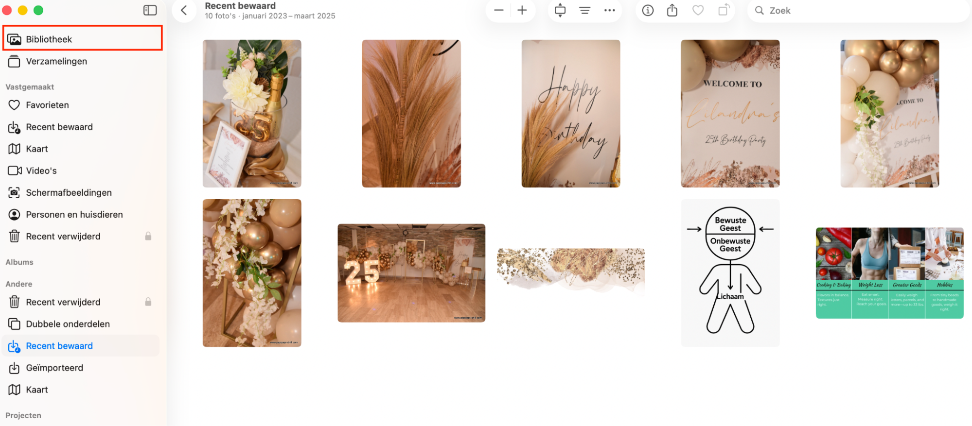 De sectie Bibliotheek in de Foto’s-app op de Mac. Verwijder ongewenste foto’s en video’s van je computer om ruimte vrij te maken op je Mac.
