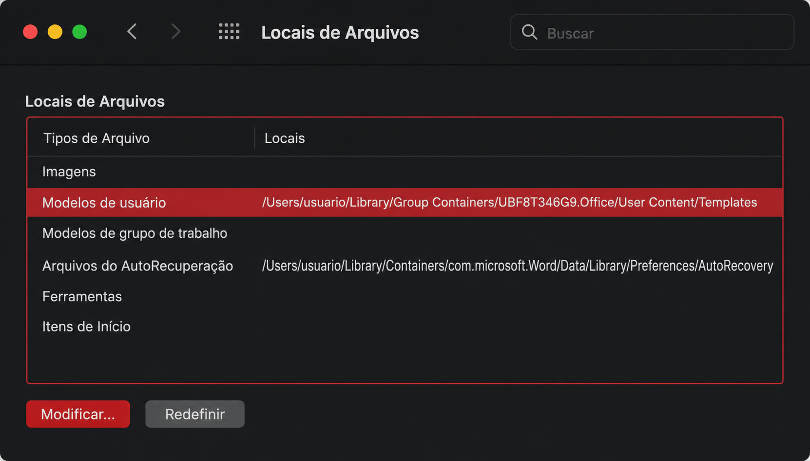 Em seguida, clique em 'Modelos de Usuário' para selecioná-lo, e depois clique no botão 'Redefinir'. Após fazer isso, teste o Word no seu Mac novamente.