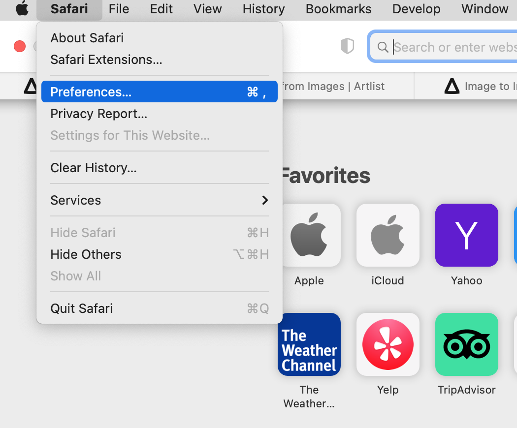 The Safari menu is opened on a MacBook device. Click on the Preferences option on the menu to set location for individual sites in Safari.